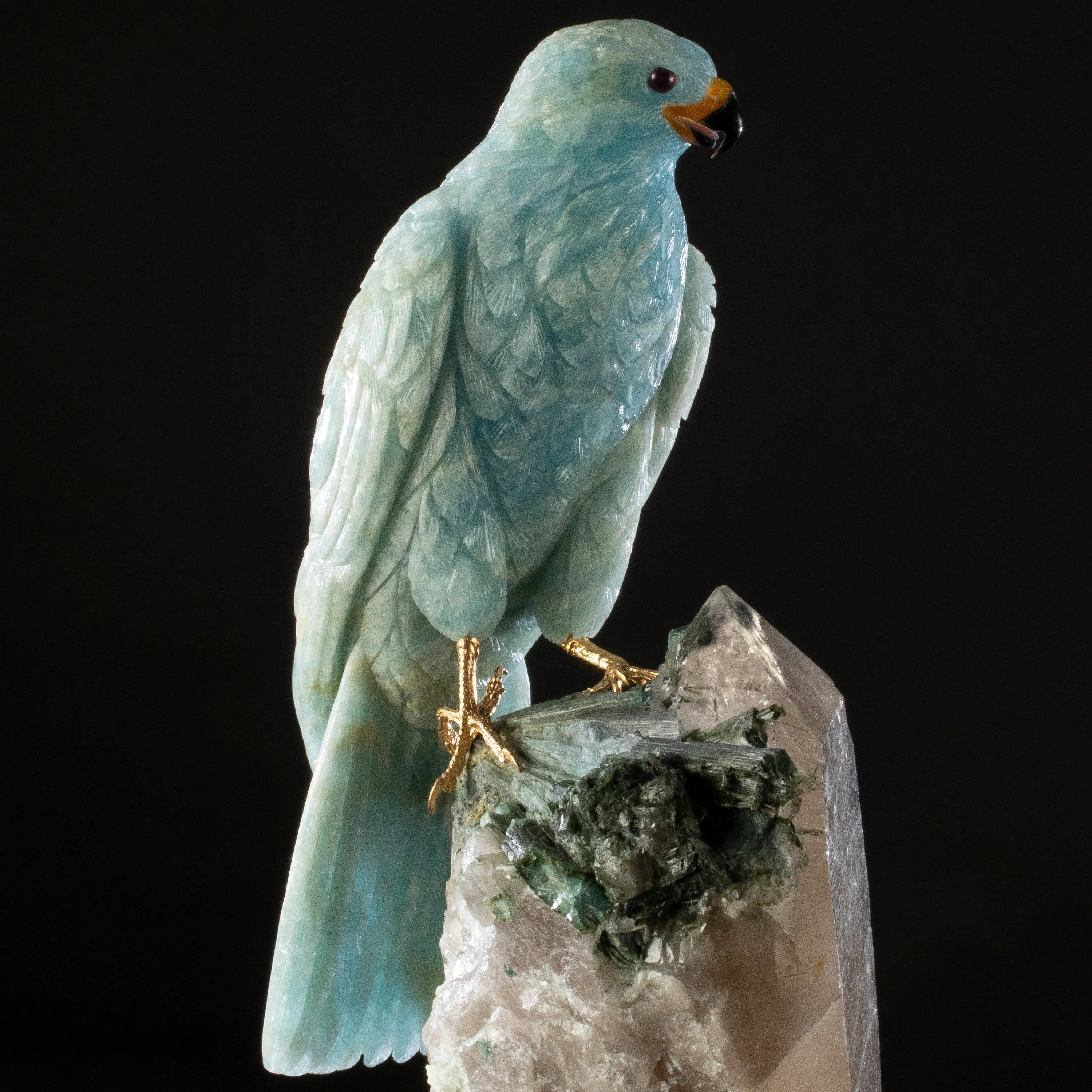 Peter Muller Aquamarine Falcon Love Birds Carving on Quartz and Tourmaline Base