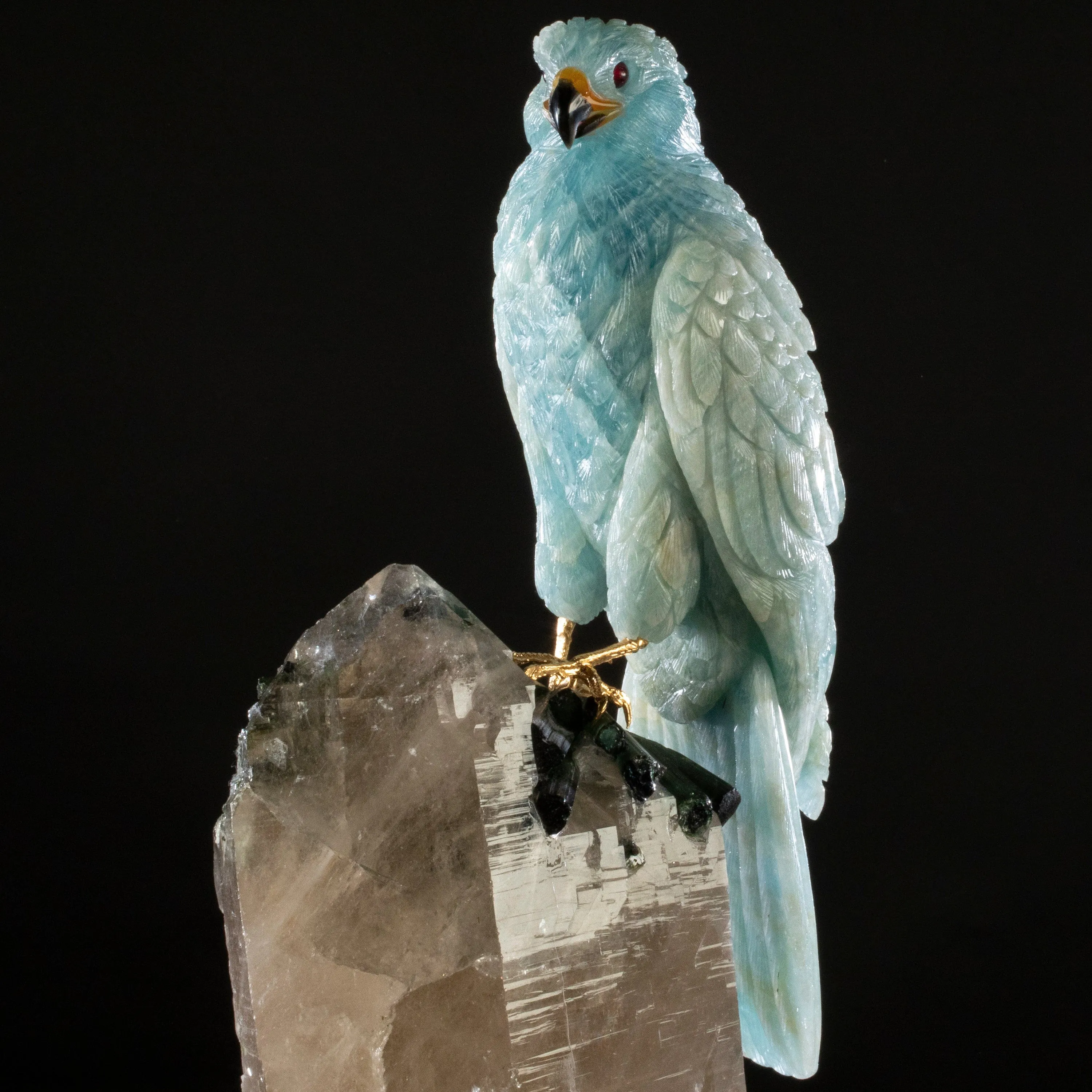 Peter Muller Aquamarine Falcon Love Birds Carving on Quartz and Tourmaline Base