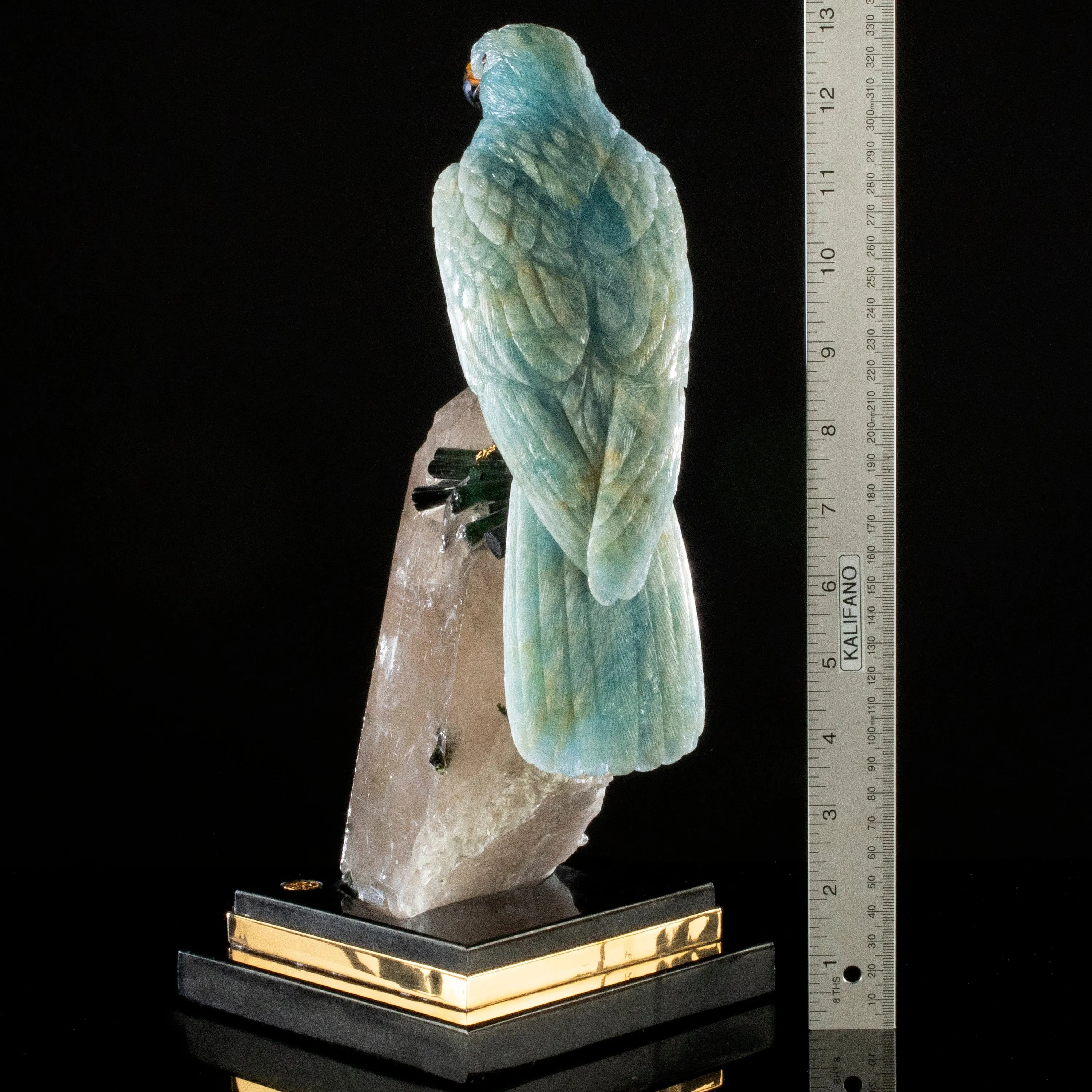 Peter Muller Aquamarine Falcon Love Birds Carving on Quartz and Tourmaline Base