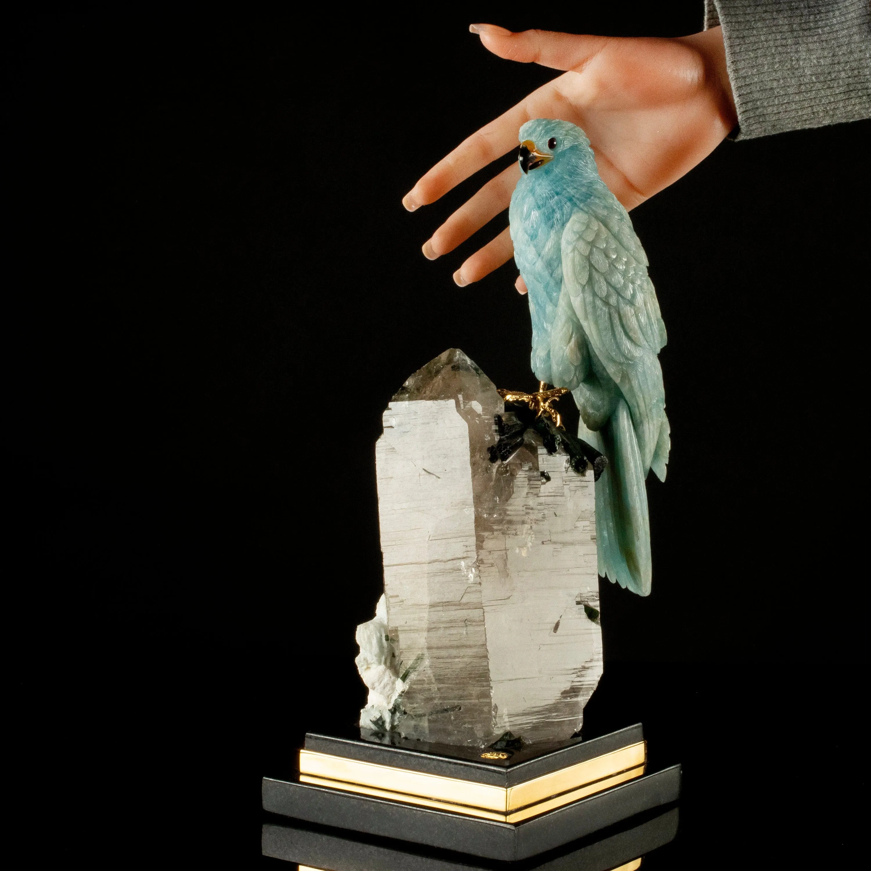 Peter Muller Aquamarine Falcon Love Birds Carving on Quartz and Tourmaline Base