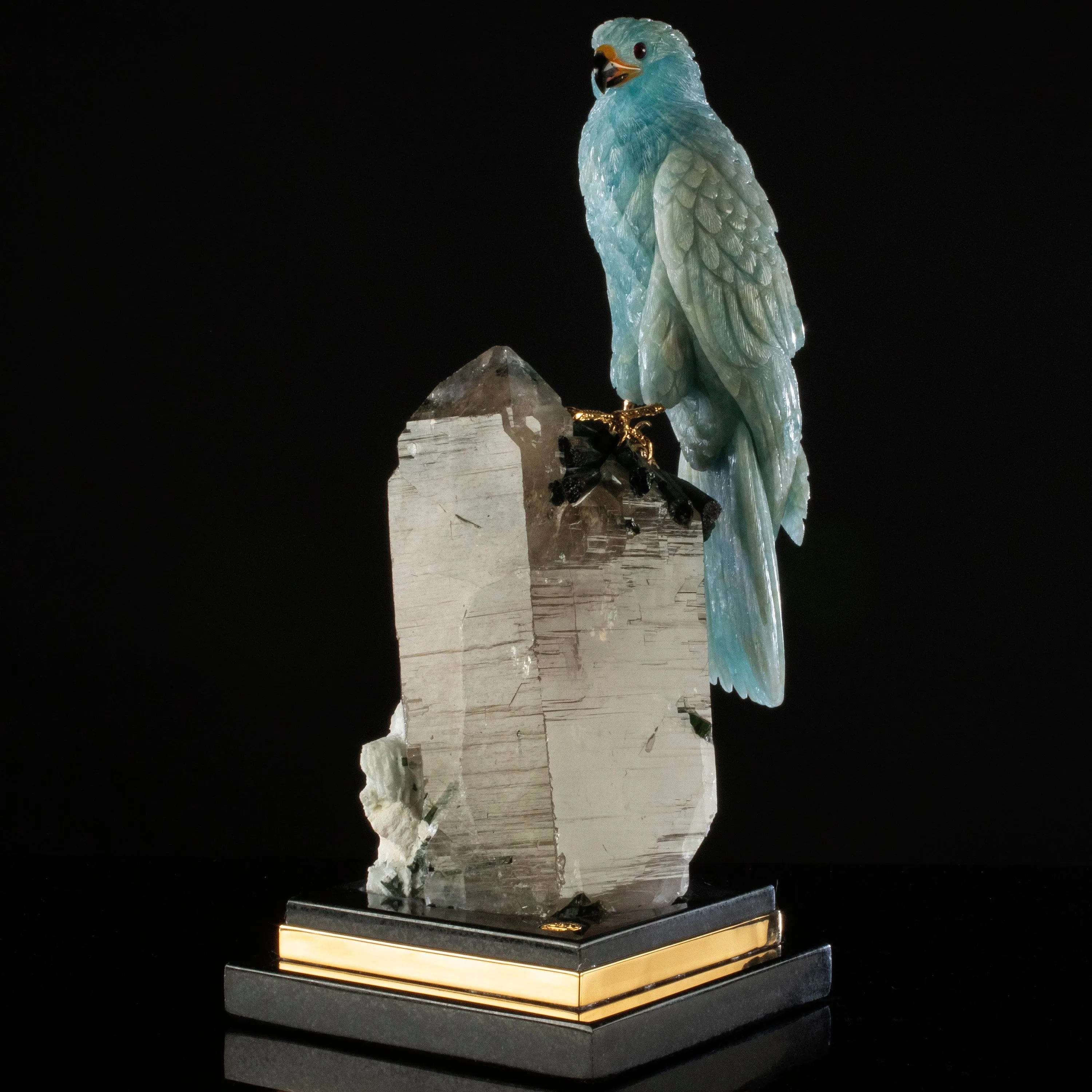 Peter Muller Aquamarine Falcon Love Birds Carving on Quartz and Tourmaline Base