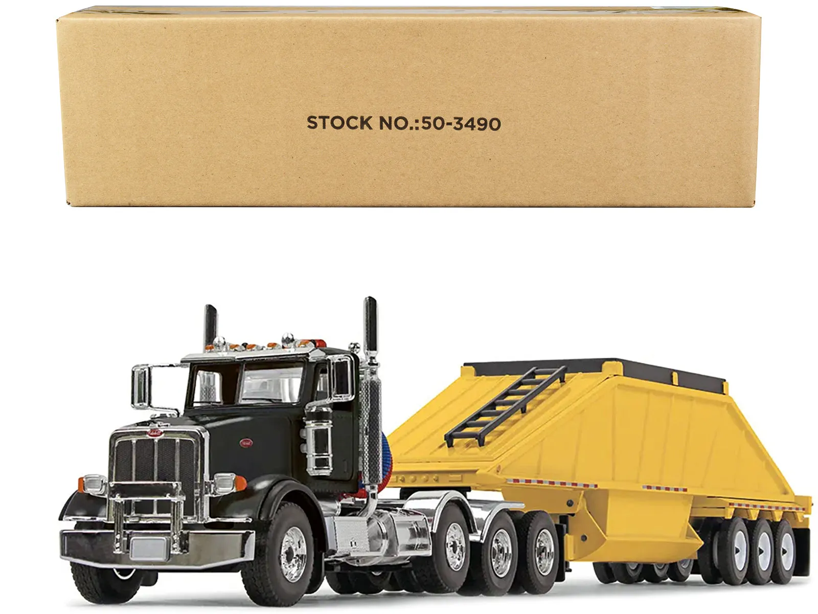 Peterbilt 367 Day Cab and Bottom Dump Trailer Black and Yellow 1/50 Diecast Model by First Gear