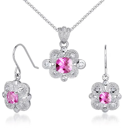 Pink Sapphire Pendant Earrings Set in Sterling Silver