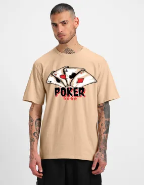 POKER Printed Beige Oversized Front Graphic Printed Tshirt