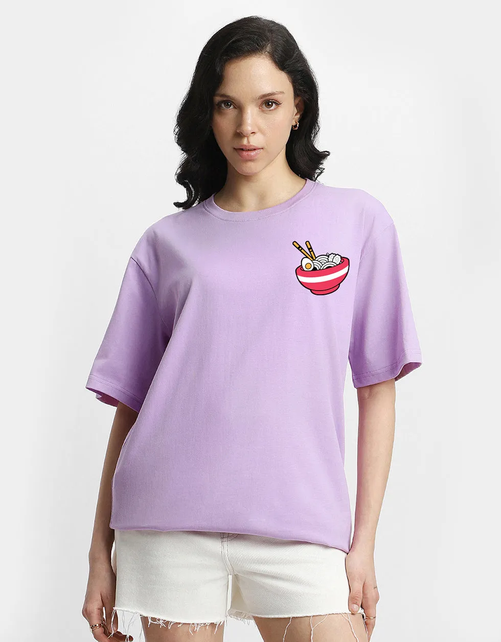 Ramen Women Lilac Oversized Back Graphic Printed Tshirt