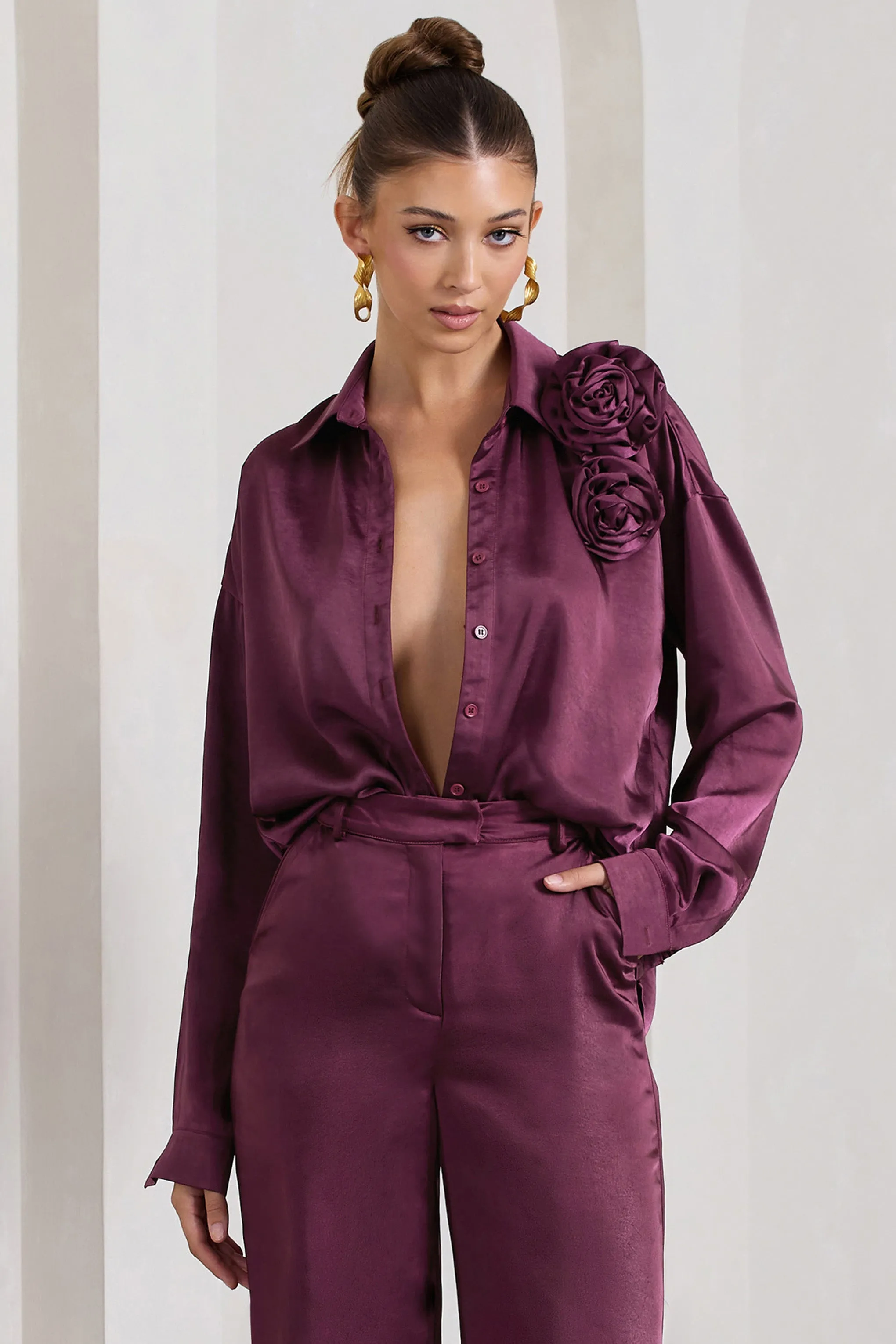 Rosanna | Burgundy Satin Oversized Shirt With Flowers