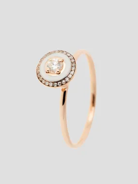 Round Enamel Ring in Pink Gold/Ivory Enamel/Diamond