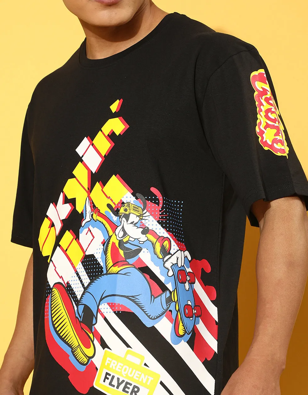 Skyin Goofy Oversized Black Placement Graphic Printed Tshirt