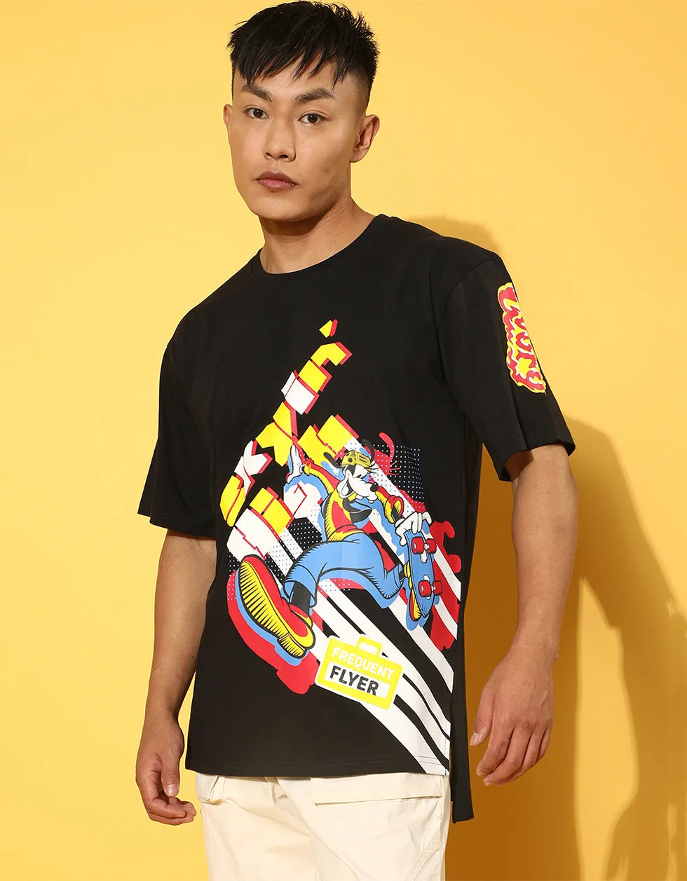 Skyin Goofy Oversized Black Placement Graphic Printed Tshirt