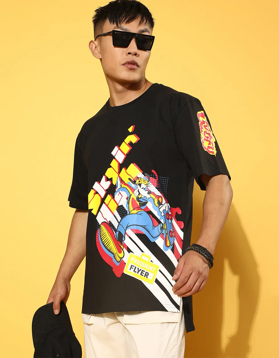 Skyin Goofy Oversized Black Placement Graphic Printed Tshirt