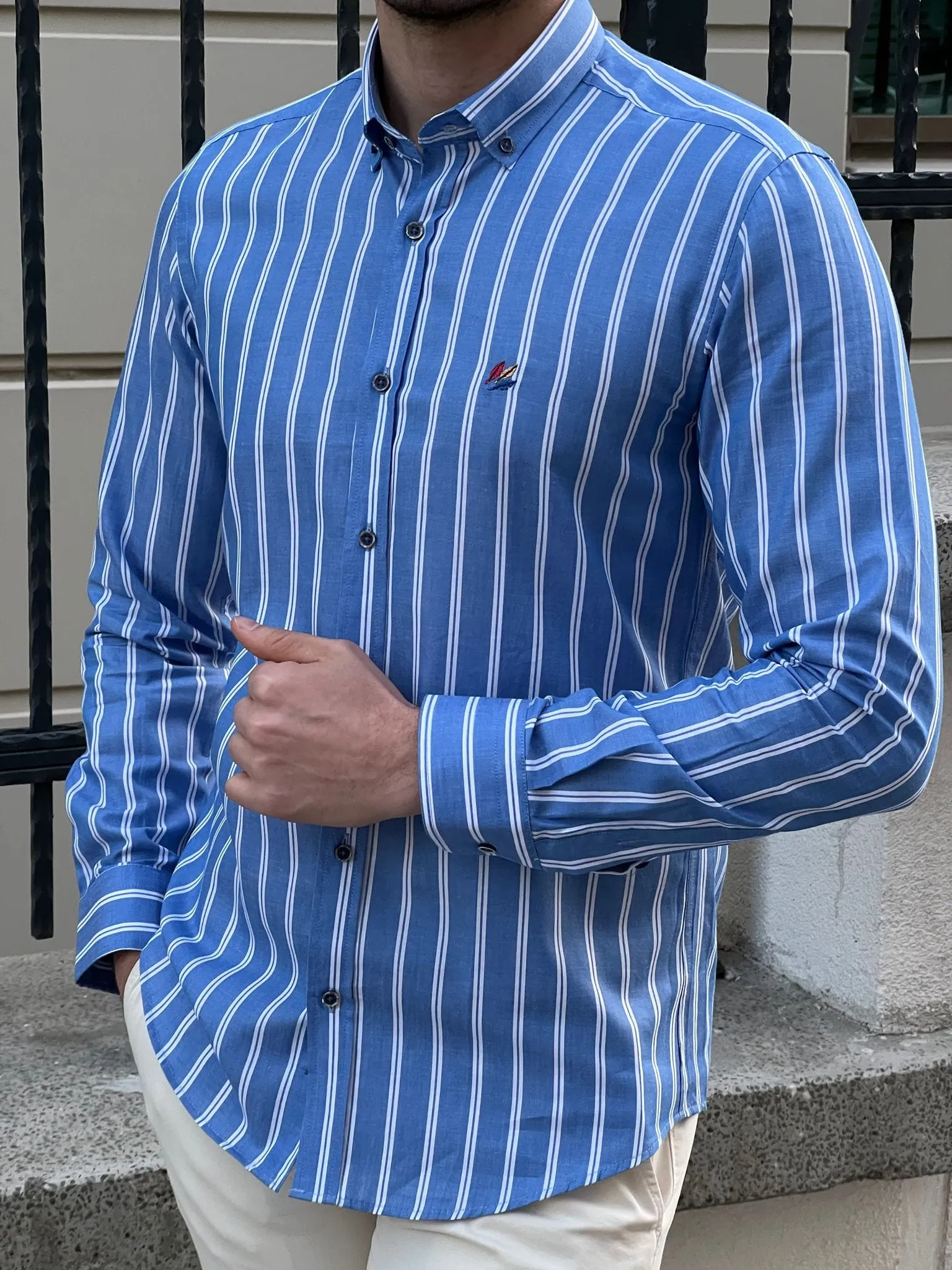 Slim Fit Striped Cotton Blue Shirt