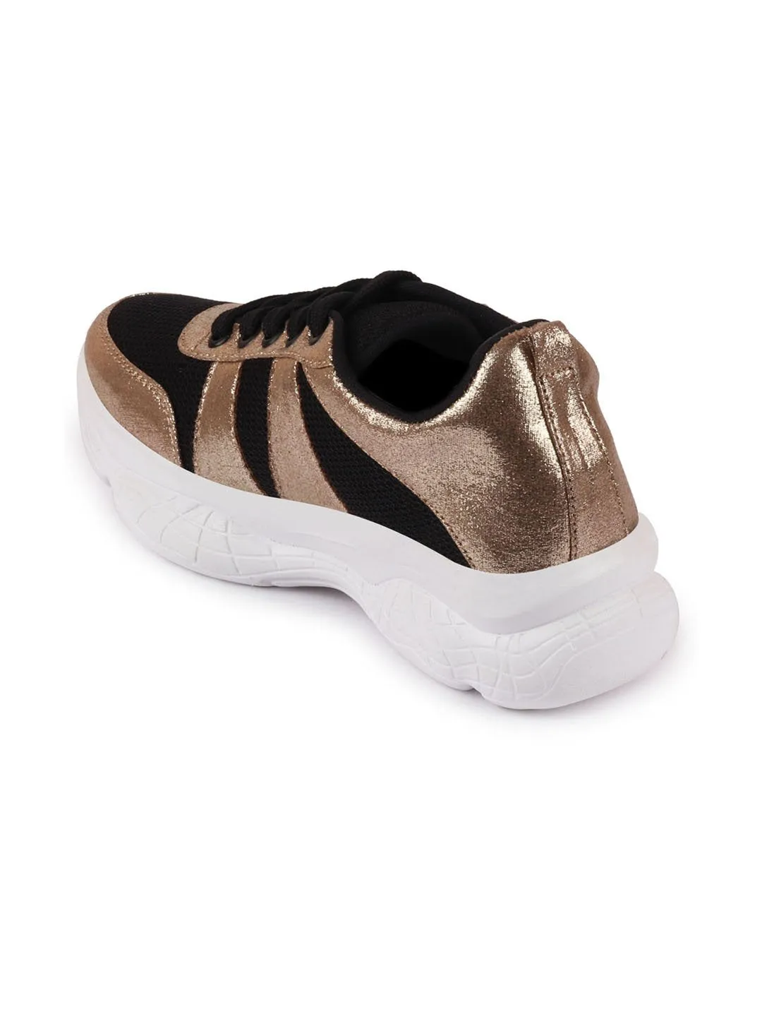 Women Black/Golden Lace Up Sneakers